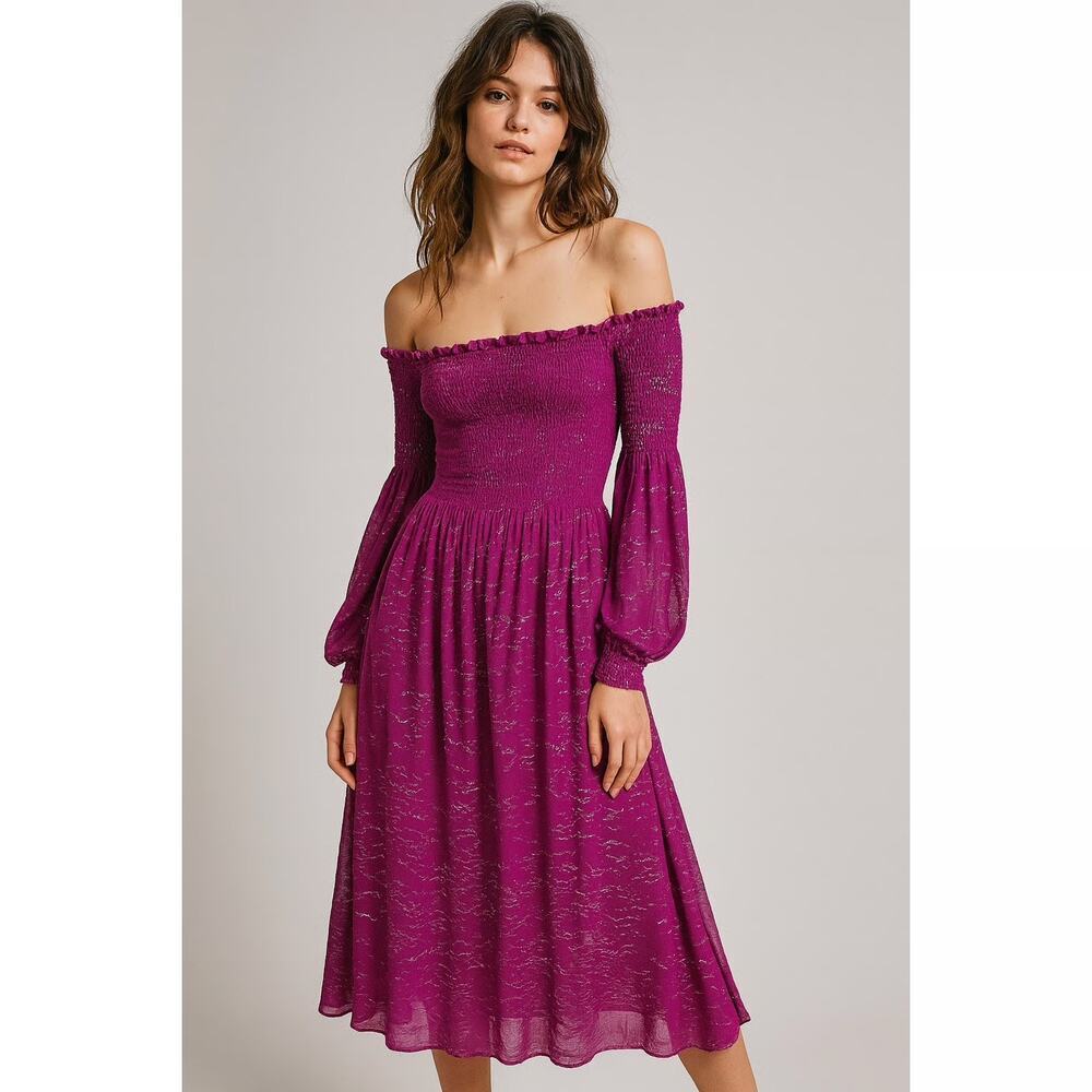 Free People Foiled Smocked Off-Shoulder Midi Pink Gold Dress - Small